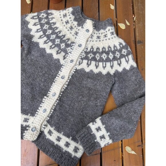 70s Icelandic Wool Lopapeysa Hand Made Lopi Cardigan Nordic Fair Isle Grey Ivory - Picture 2 of 9